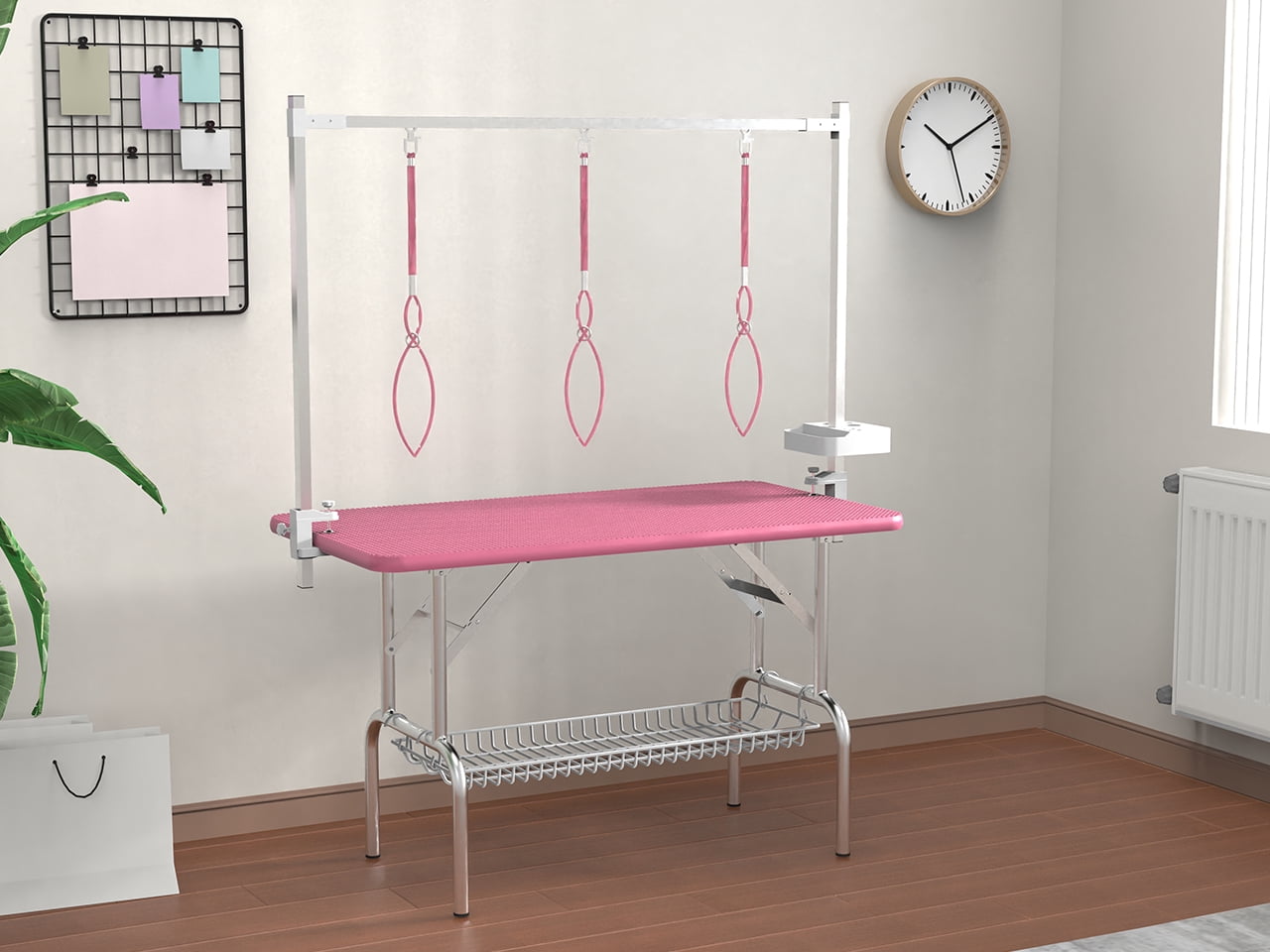 47" Pet Grooming Table Pink, Stainless Steel Foldable Grooming Table for Dogs at Home Adjustable Height Arms Pet Station with Nooses, Mesh Tray, Tool Organizer