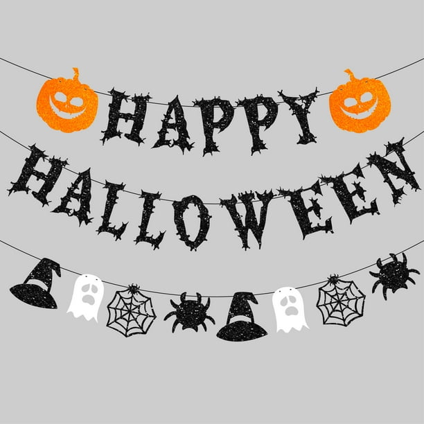 Banner negro de feliz Halloween - Banner de banderines de guirnalda de papel colgante de Halloween, telón de fondo de fotos para la pared Repisa del hogar Pared de la oficina
