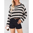 thumbnail image 4 of Women'S Long Sleeve Striped Oversized One Shoulder Loose Fit Casual Baggy Short Pullover Sweater Black S, 4 of 8