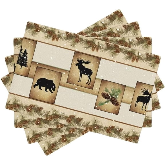 Rustic Bear Placemats, Vintage Farmhouse Forest Wildlife Animal Bear Deer Country Lodge Cabin Pinecone Print Placemats for Kitchen Dining Dinner Decor, 12x18 Inch, 4PCS