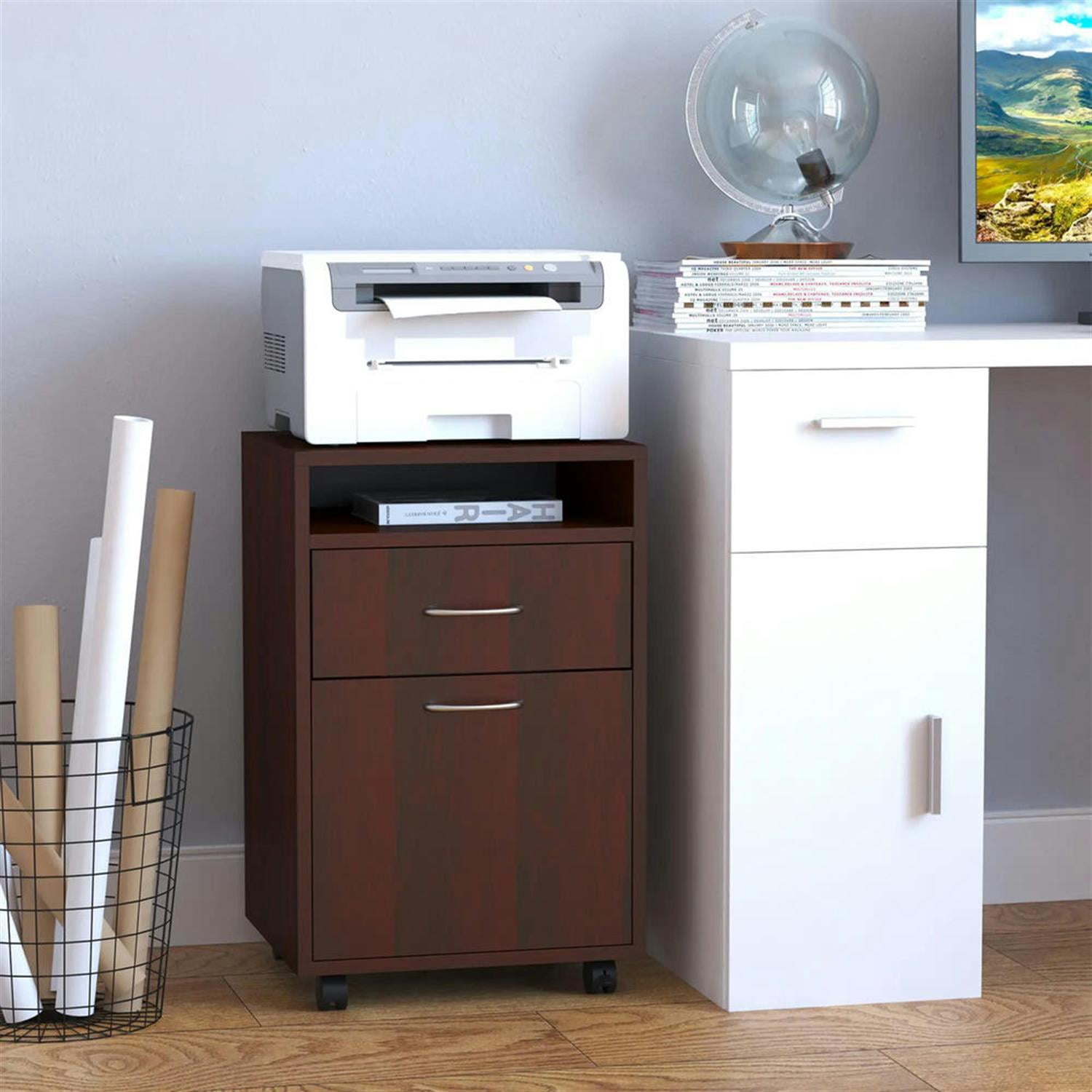 Demi Bonn Rolling Filing Cabinet with Castors, File Cabinet Printer Stand with Drawer and Cabinet for Home Office, Brown