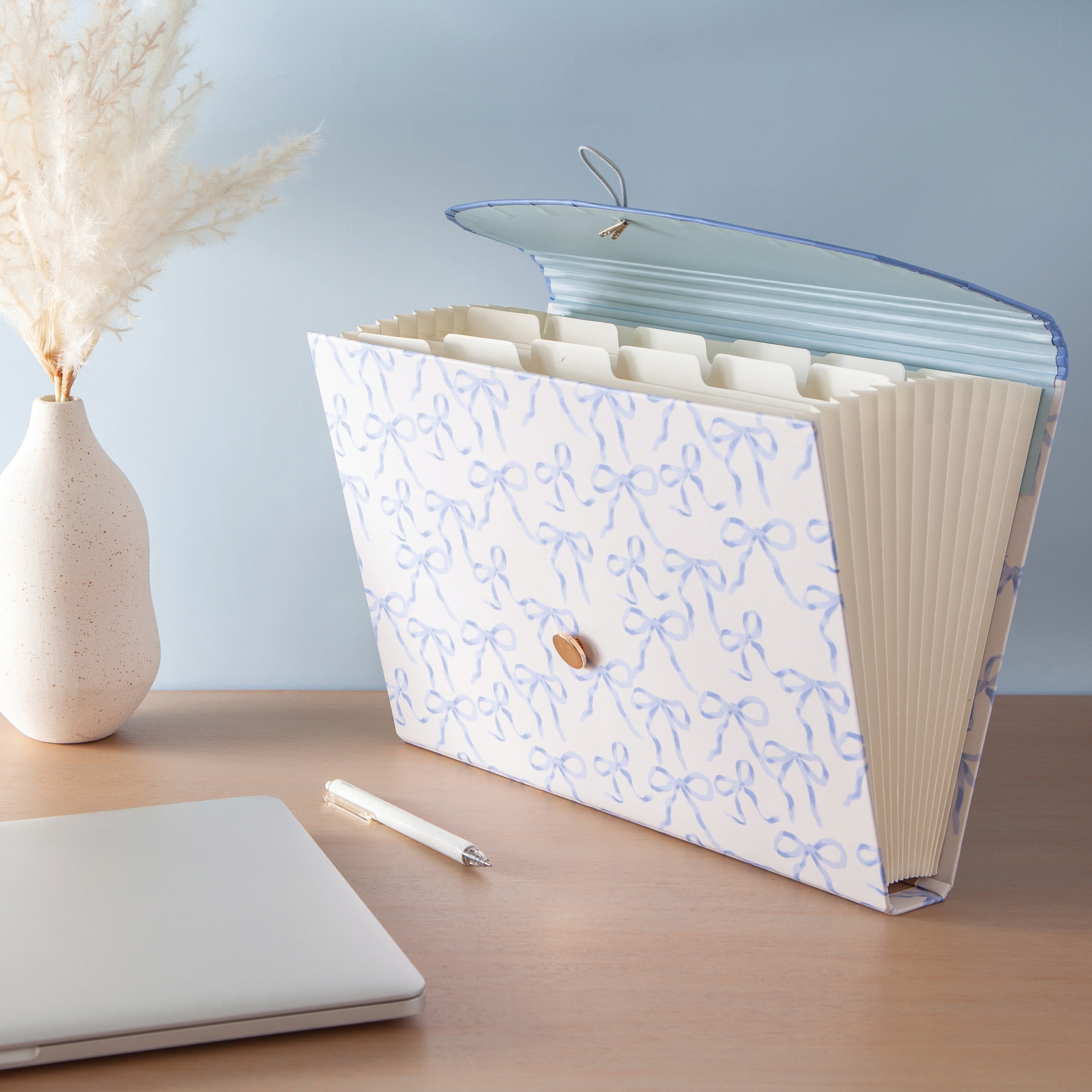 U Brands 13 Pocket Expandable File Organizer, 13 x 9.2 x 1.4 in., Charming Coquette Blue Bows, Freestanding