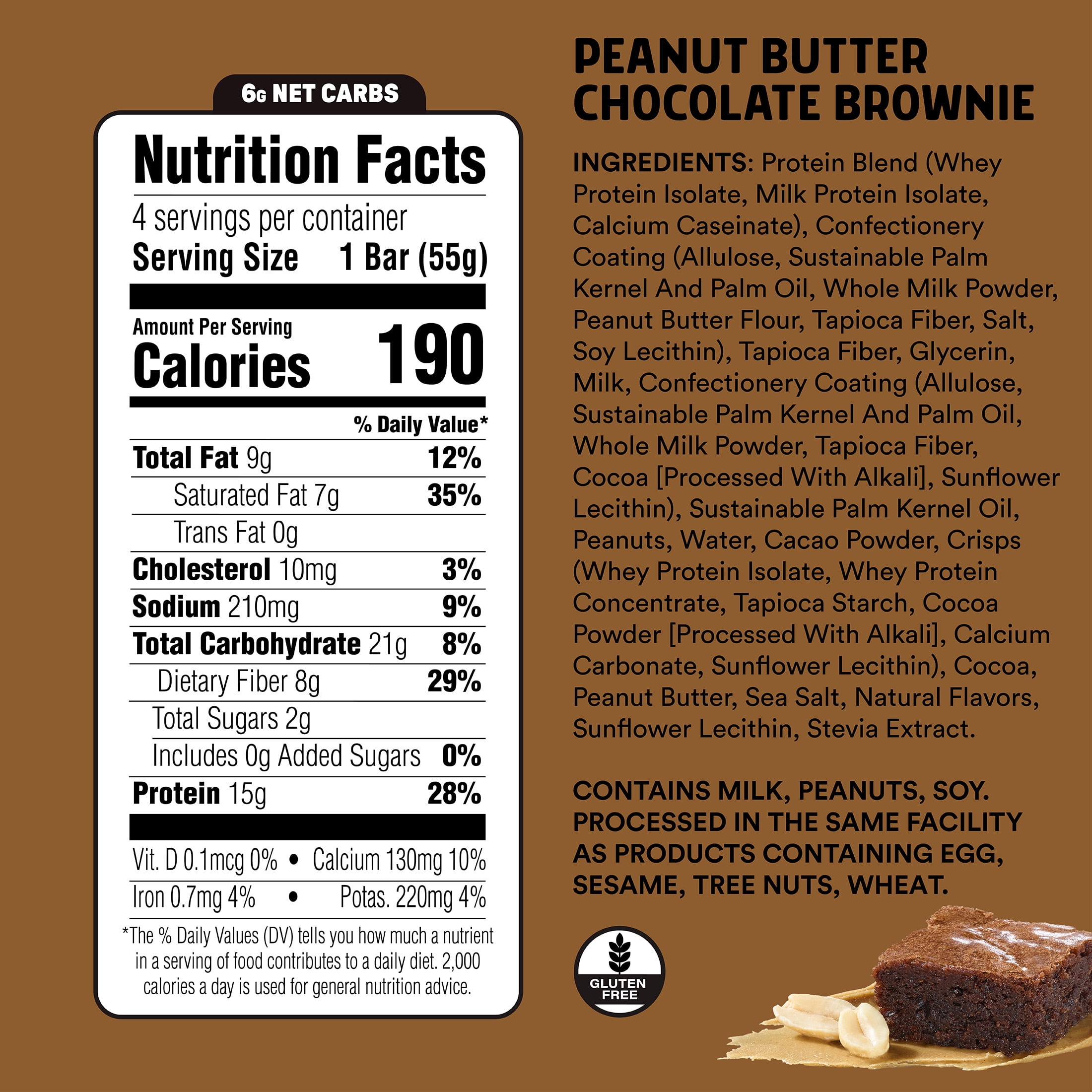 JUNKLESS Peanut Butter Chocolate Brownie Protein Bar, 15 g Protein, High Fiber, Gluten Free, 1.9 oz, 4 Count