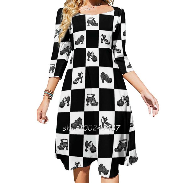 Fluevog Robe à Carreaux Évasée Col Carré Élégante Mode Féminine Imprimée Noir et Blanc Chaussures Fluevog Mod