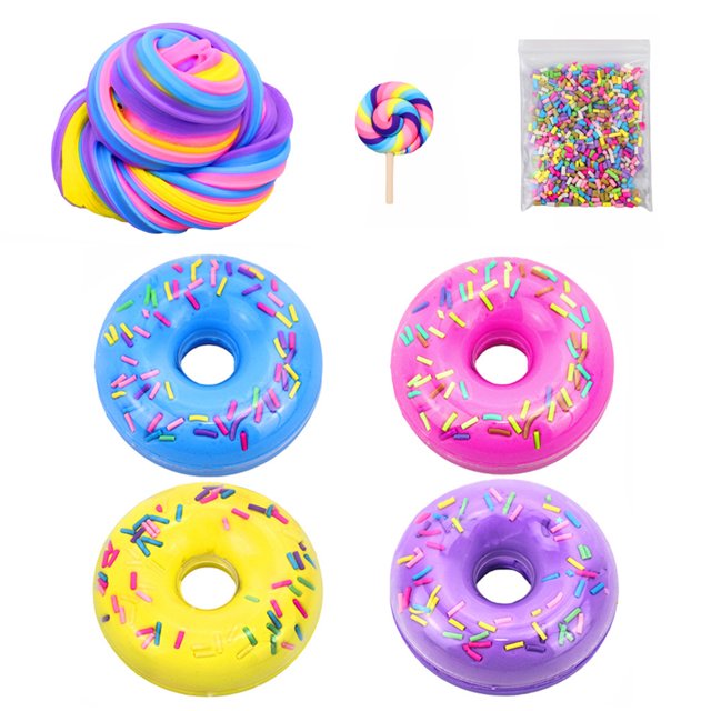 Lubelski 4Pcs Round Quick Recovery Clay Squeeze Toy with Lollipop Accessories Donut Candy DIY Slime Mud Kit