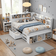 thumbnail image 4 of Full Size Daybed, Multifunctional Storage Bed Frame with Under-Bed Storage Drawers, Built-in Bookcase & Storage Cupboard, Space-Saving Kids/Teen Bed, Mattress Not Included, White, 4 of 11