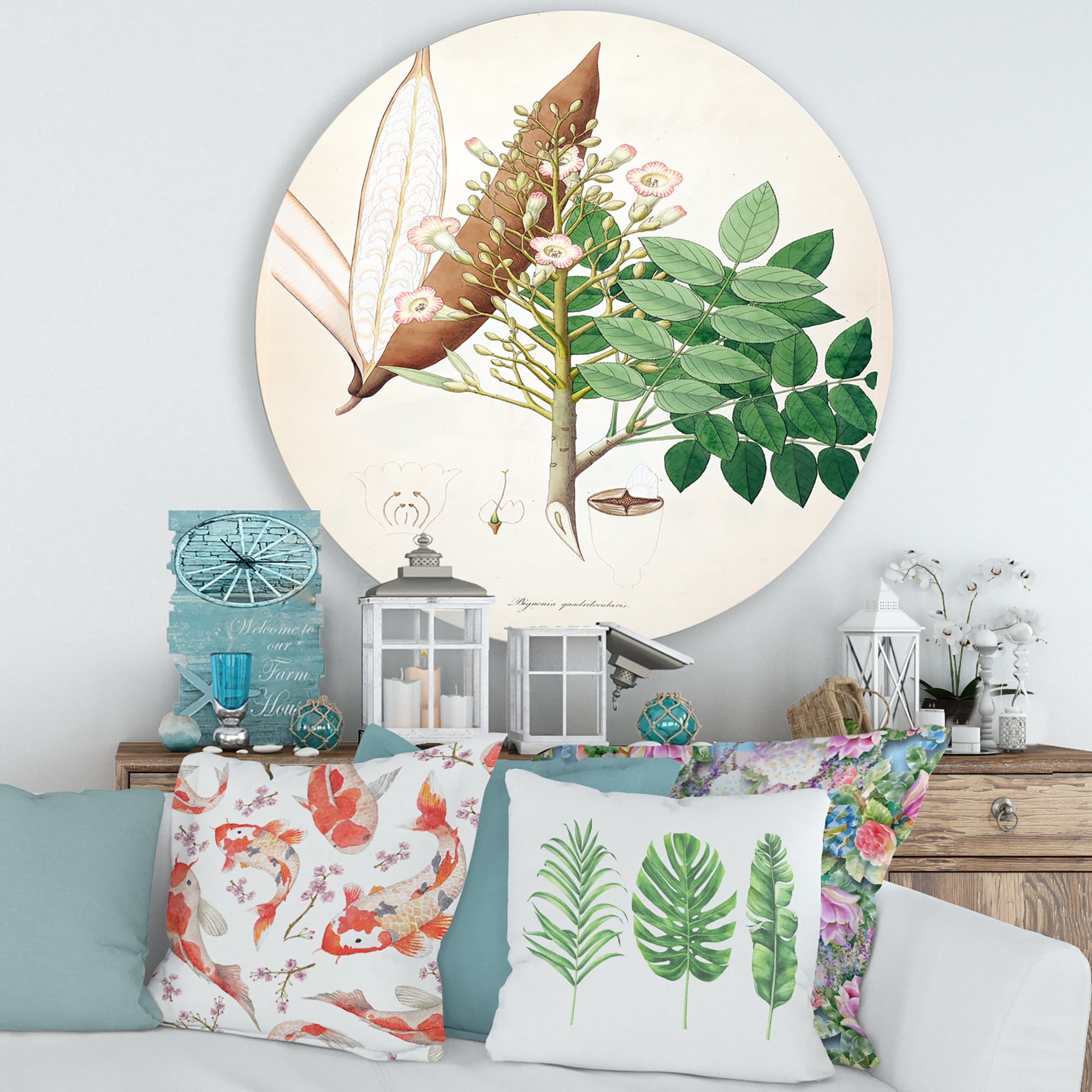 Designart 'Ancient Botanicals IX' Farmhouse Circle Metal Wall Art 36x36 - Disc of 36