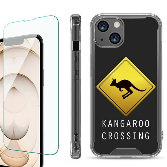 Shockproof Bumper Phone Case for iPhone 13, with Tempered Glass Screen Protector, by OneToughShield ® - Road Sign Kangaroo