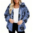 thumbnail image 4 of Women's Fashionable Casual Zippered Hooded Floral Printed Drawstring Furry Sweatshirt Jacket, Botanical Print Style,Royal Blue,XL, 4 of 6