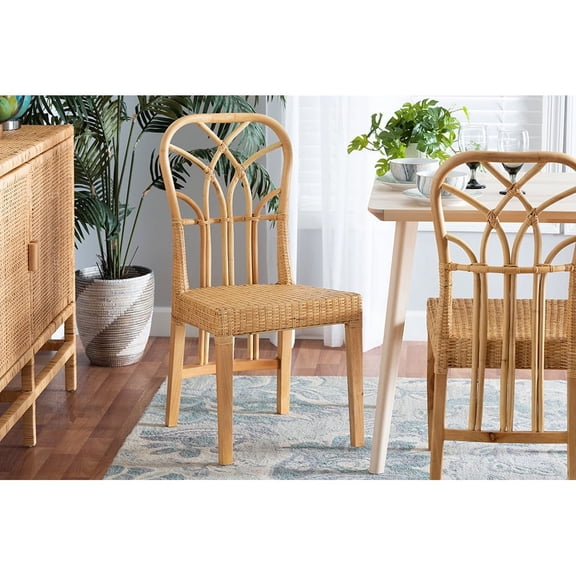 Baxton Studio Monaco Modern Bohemian Oak Brown Finished Mahogany Wood and Natural Rattan Dining Chair