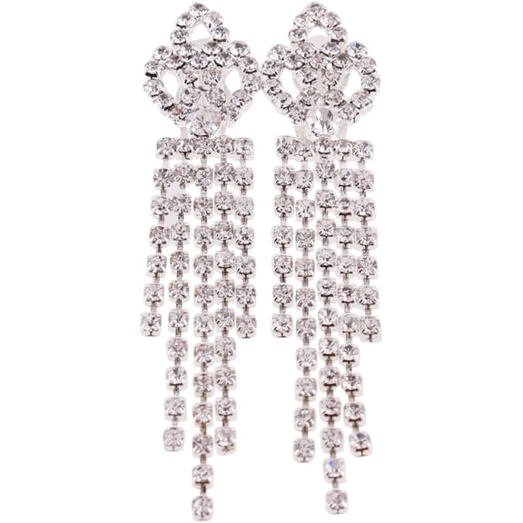 Bridal Silver Plated Rhinestone Crystal Long Tassel Clip on earrings Non Piercing for Women