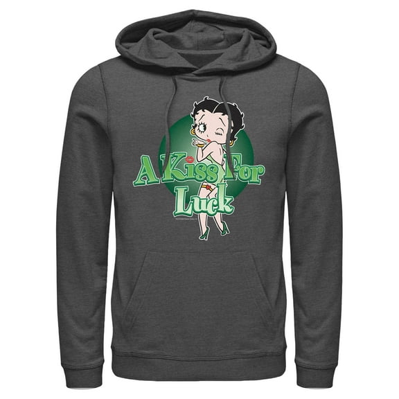 Men's Betty Boop St. Patrick's Day Betty A Kiss for Luck  Pull Over Hoodie Charcoal Heather Medium