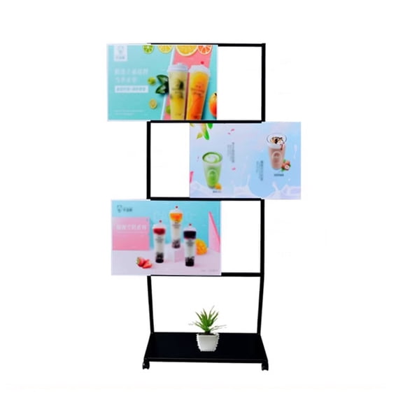 Floor-Standing Magazine Rack with Poster Board Stand 4-tier Newspaper Holder Book Display Shelf Brochure Display Stand Sign Holder with Wheels