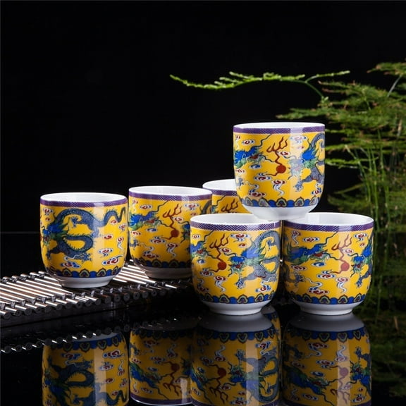 Set Of 6 Eastern Asian Design Ceramic Tea Cups In Yellow Dragon - 8 OZ Capacity Each
