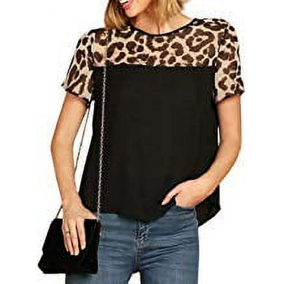 KIDDAD Women's Leopard Print Patchwork Graphic Funny T-Shirt Summer Short Sleeve Casual Loose Top Blouse