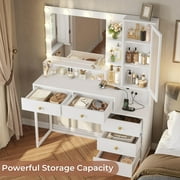 Afuhokles Vanity Table with Lighted Mirror and Charging Station, Makeup Table Vanity Dresser with 10 LED Light, 5 Drawers White