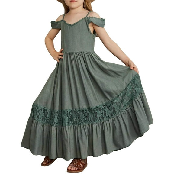 XXWXYD Lace Trim One-Shoulder Suspender Dress, Summer Breathable Casual Dress for Girls, Fashionable Playdate Outfit with Adjustable Straps