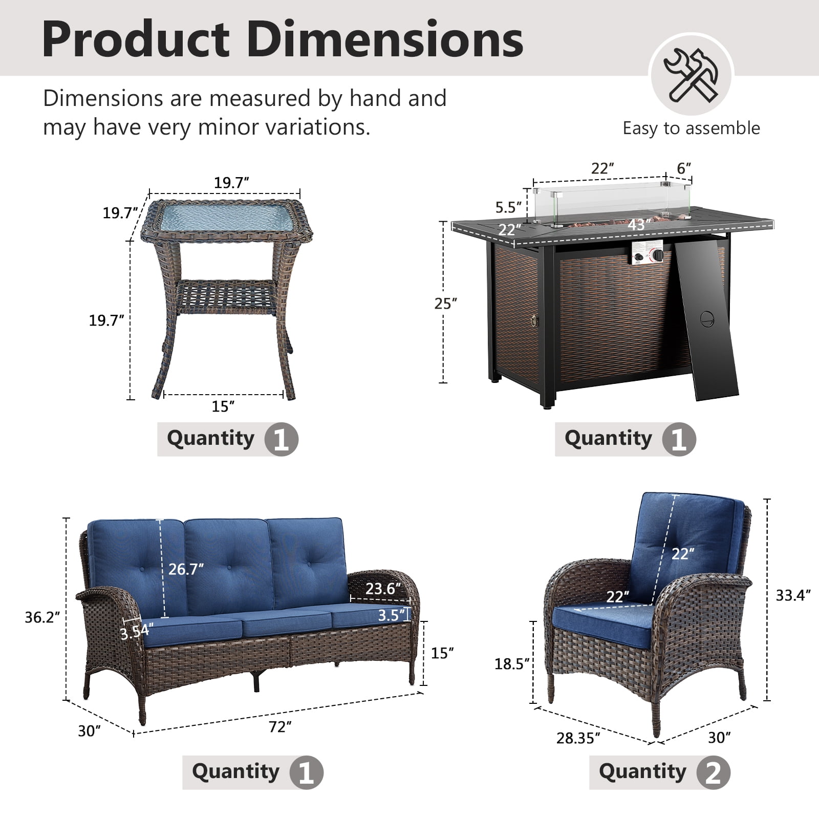 OPOHORO 5 - Pieces Patio Furniture Set with 43" Rectangular Fire Pit Table, Outdoor Conversation Sets with Lounge Chairs and Glass Side Table, for Garden Lawn Balcony, Blue Cushion