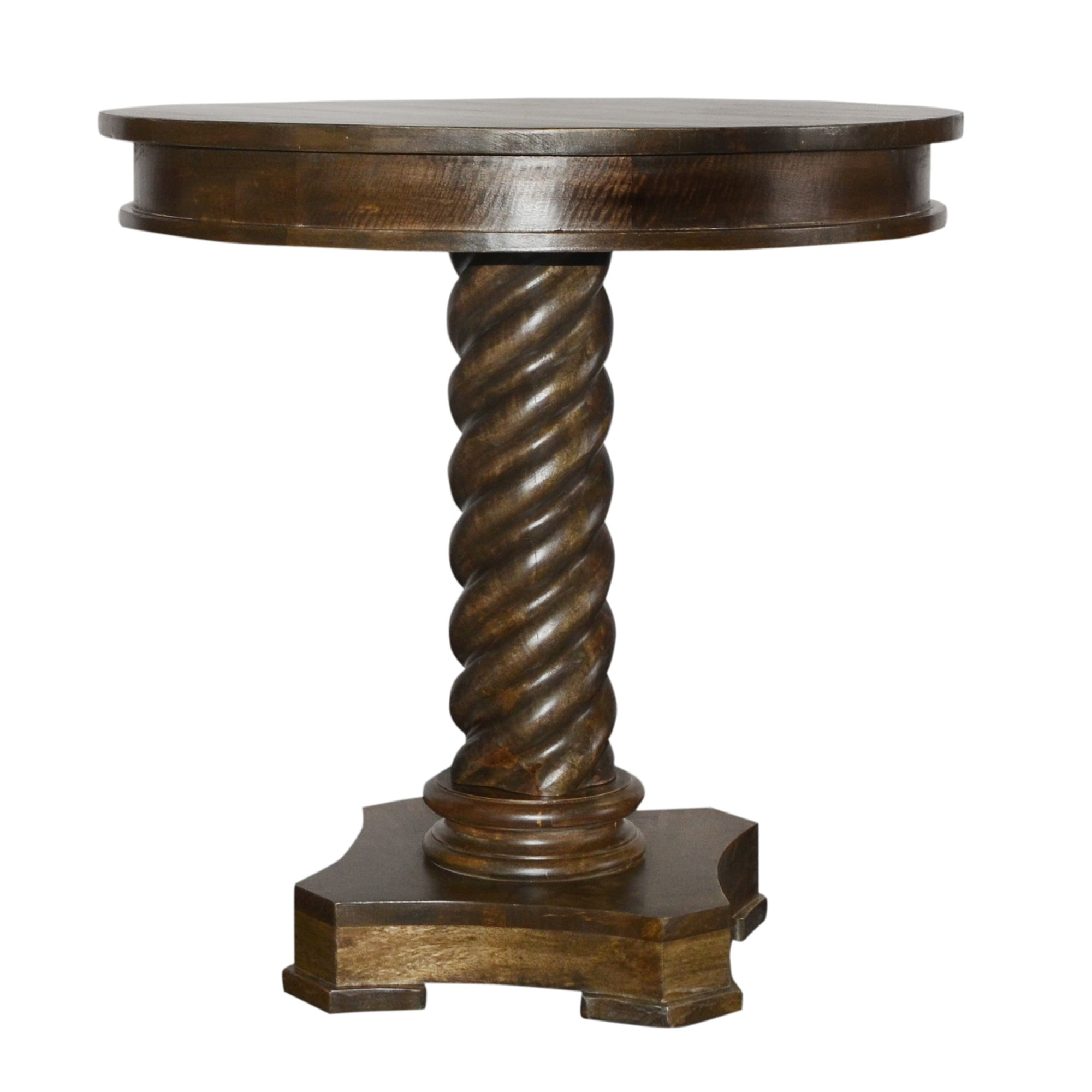 Round Mango Wood Table with Twisted Pedestal Base and Molded Top, Dark