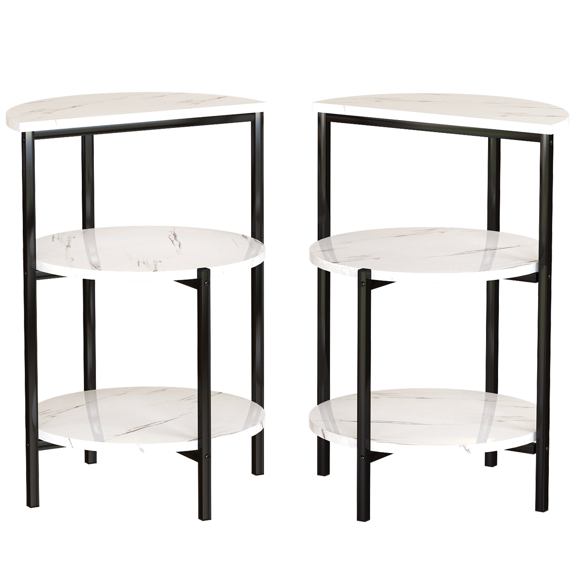 Baxluxe Marble Side Table Set with Storage Shelves, Set of 2 Round Faux Marble End Table, Metal Frame Small Accent Coffee Table Nightstand, 3 Legged Living Room Table for Small Space, White+Black