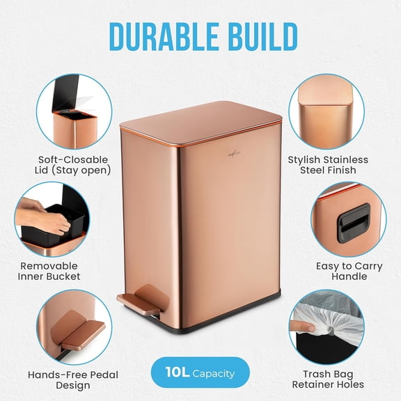 Slim 2.6 Gallon Stainless Steel Pedal with Soft Close Lid for Narrow Spaces Wastebasket Bin with Removable Inner Bucket for Bathroom, Kitchen, Bedroom or Office (Copper)