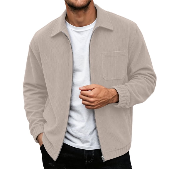 Rvwovn Men's Ribbed Trucker Jacket Full Zip Lapel Collar Corduroy Fall Outerwear for Daily Wear