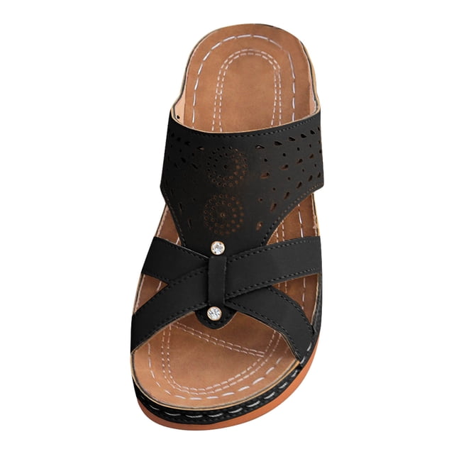 Sandals for Womens Slip on Cross Straps Open Toe Hollow out Rhinestone Arch Support Low Wedge Heels Soft Sole Non Slip Comfortable Breathable Beach Summer Walking Casual Shoes Black