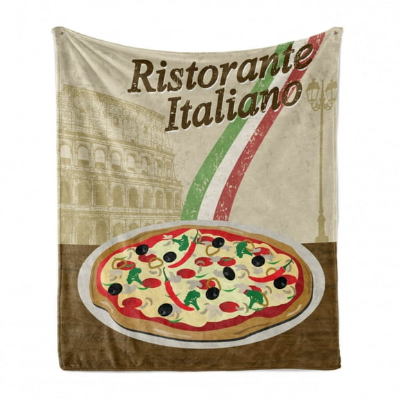 Pizza Soft Flannel Fleece Blanket, Ristorante Italiano Concept with Vintage Grunge Style Print with Pizza and Collosseum, Cozy Plush for Indoor and Outdoor Use, 50" x 70", Multicolor, by Ambesonne