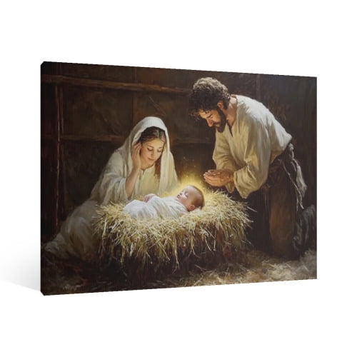 Vintage Jesus Nativity Scene Canvas Wall Art Paint Framed , Christian Watercolor Jesus Wall Art Decor,Christmas Wall Religious Artwork for Home Living Room,Bedroom Wall Decor