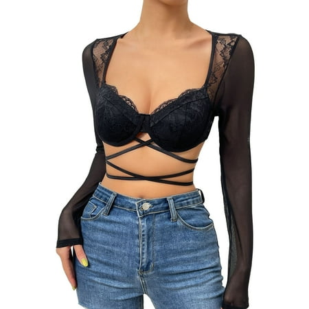 

Ladies Deep V-Neck Lace Hot Crop Through Chest Wrap Underwear with Long Sleeve Bra