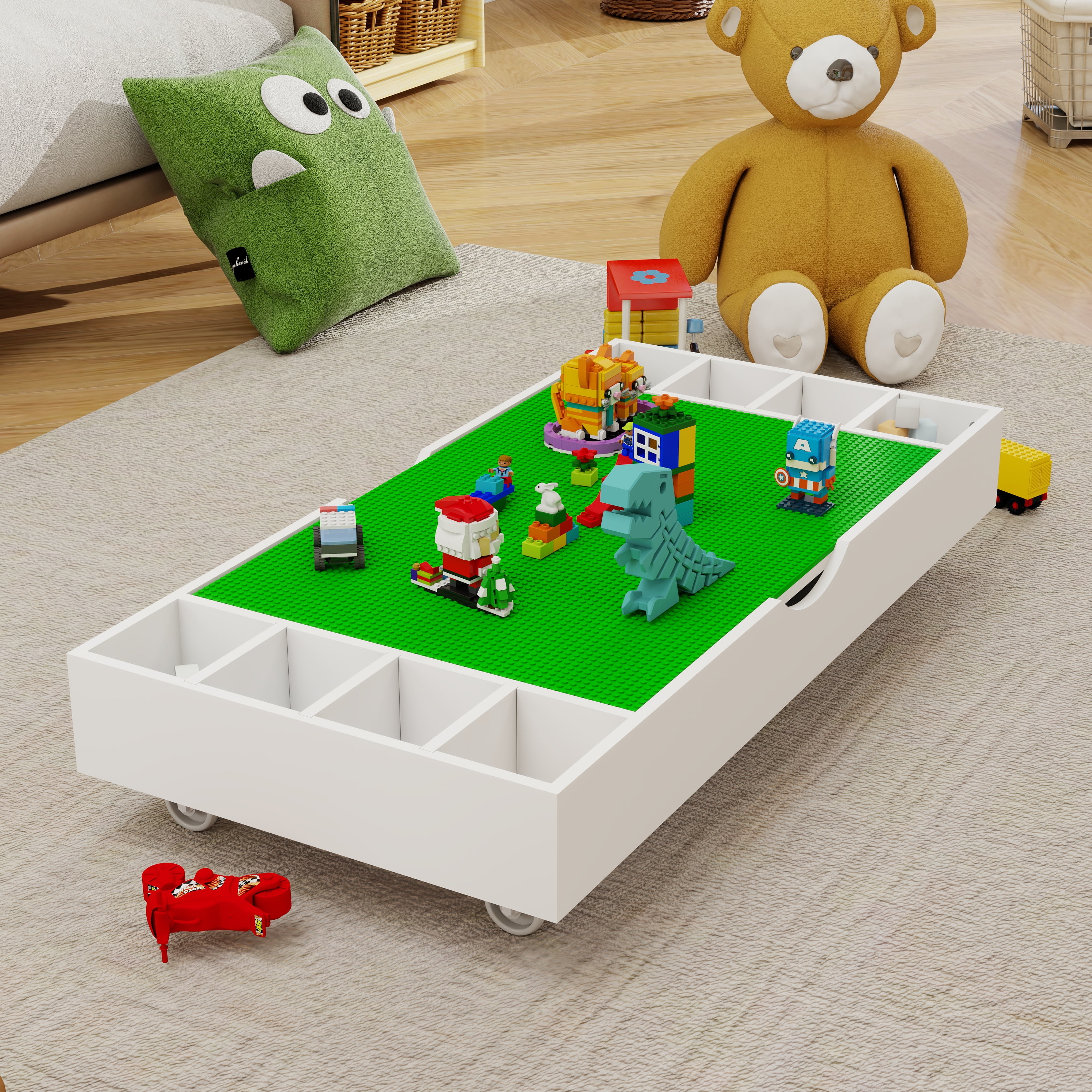 38" 2-In-1 Play Table & Toy Organizer - White Lego-Compatible Table with Wheels Five