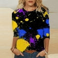 thumbnail image 2 of TENSUNNYD Women T Shirts Loose Fit Daily Summer Print O Neck Tops Long Sleeve Round Neck Tee Shirt Printed Flower Loose Side Split Blouse Tunic Casual Retro Comfort Tee Shirts, 2 of 4
