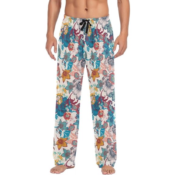 Vintage Elegant Flowers Men's Pajama Pants, Soft and Comfortable Lounge Sleep Bottoms with Pockets, Men's Sleepwear with Custom Print, Medium