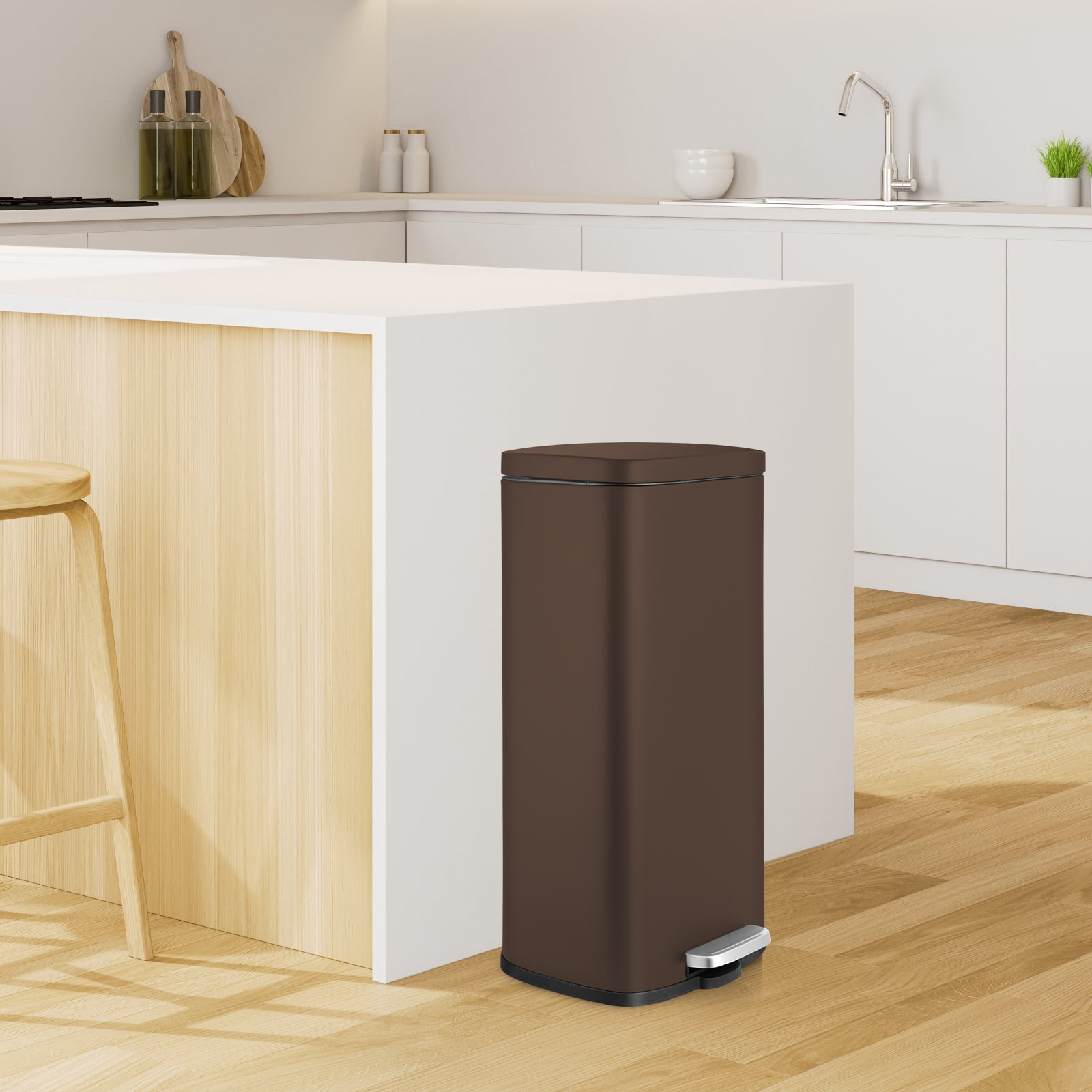 Pirecart 8 Gallon / 30L Kitchen Trash Can with Lid Stainless Steel Home Office Garbage Can, Brown