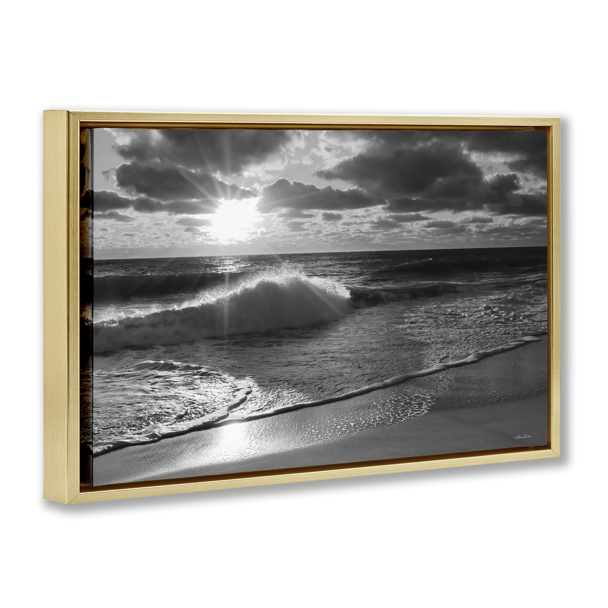 Stupell Industries Sunset Crashing Wave Landscape Photography Gold Floater Framed Canvas Art Print Wall Art, 31 x 21