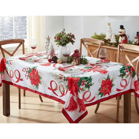 Home Bargains Plus Christmas Holiday Tassels Provence 52 x 52 inch Square Fabric Tablecloth