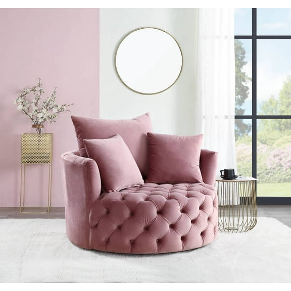 Lisonu Zunyas Oversized Swivel Barrel Chair, Modern Round Accent Chair in Pink Velvet with Button Tufting & 3 Throw Pillows for Living Room or Office