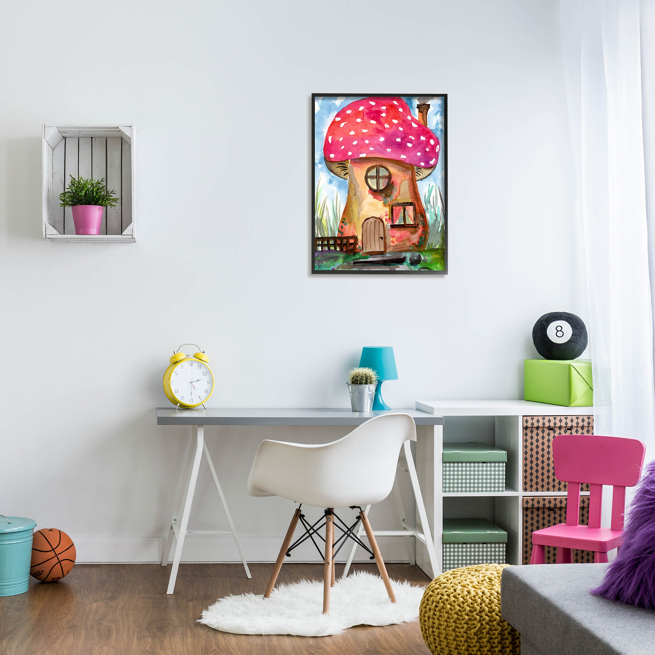 Mushroom Forest House Fantasy Botanical & Floral Painting Black Framed Art Print Wall Art