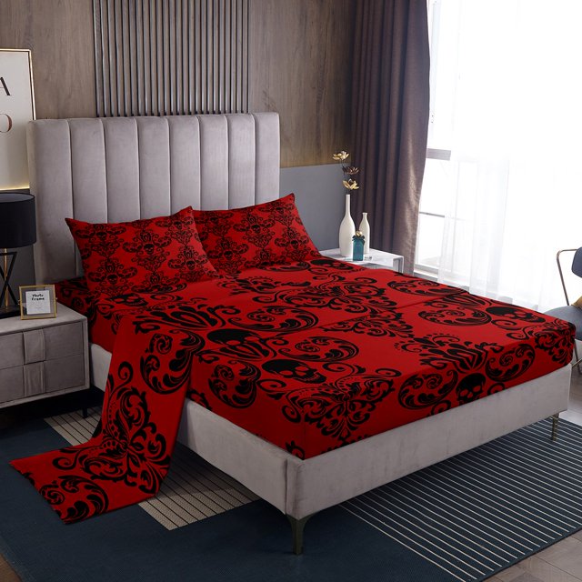 Erosebridal Hippie Damask Sheet Set Queen, Mandala Boho Flower Bedding Sets Queen Size, Mid Century Decor 4pcs