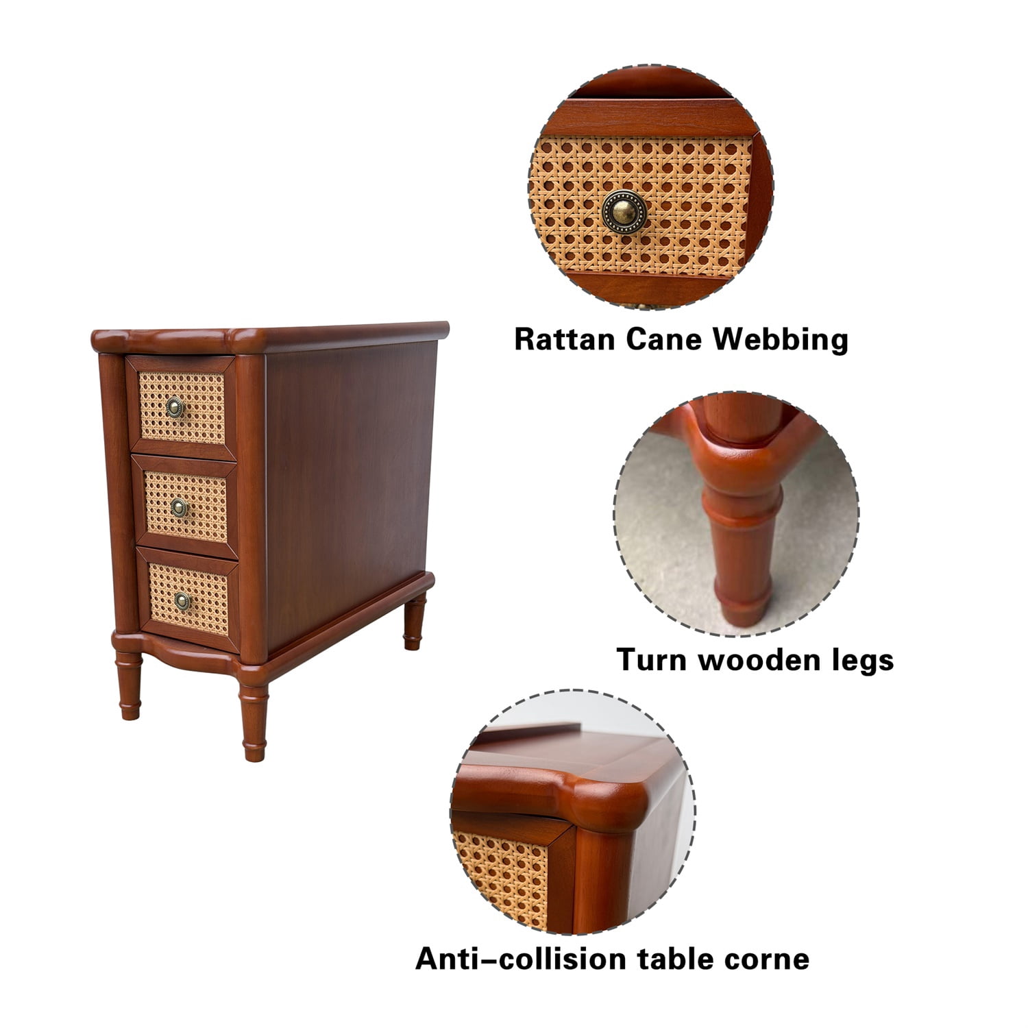 Hommoo Rattan End Table with 3 Drawers, Narrow Light & Seadrift Bedroom Side Table, Solid Wood Look MDF Nightstand for Living Room, Office or Bathroom, Walnut