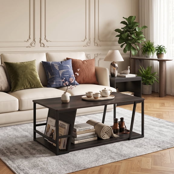 2 Tier Rectangle Coffee Table with Storage Shelf and Compartment, Industrial Accent Table for Living Room,Brown