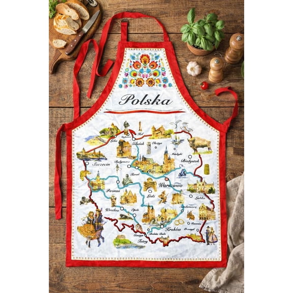 Polish Folk Art Kitchen Apron with Map of Poland