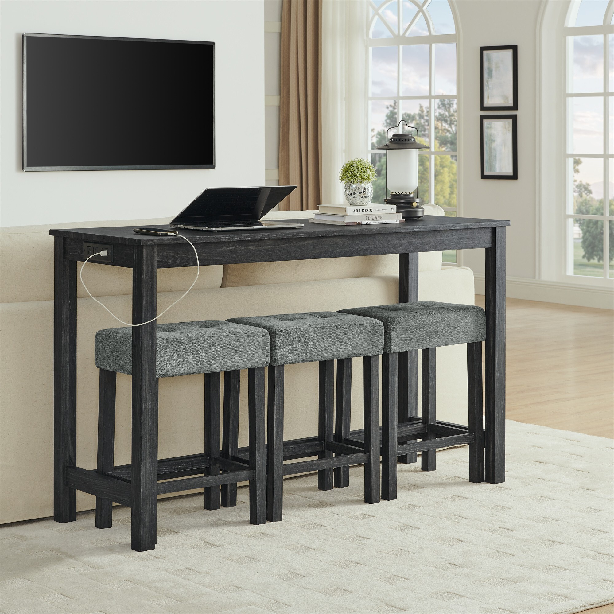 DEALTOPS 4-Piece Bar Table Set with Charging Station, 59" Counter Table with 3 Soft Stools for Small Space, Black