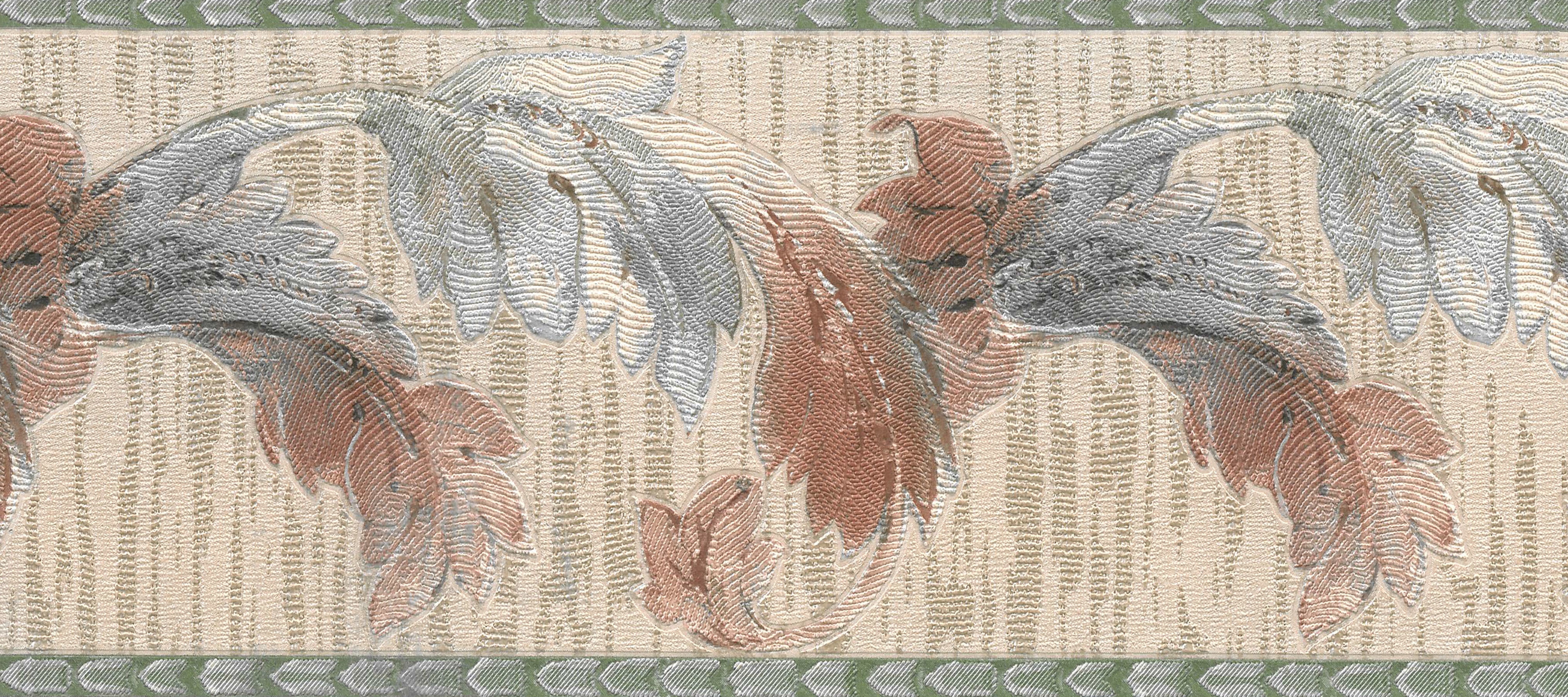 Prepasted Wallpaper Border Floral Pearl, Brown, Green Damask Vines