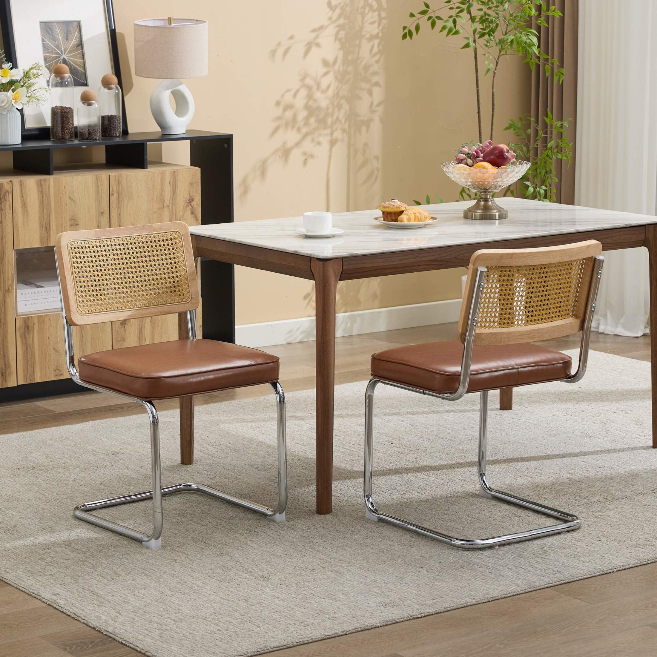 GDF Studio 23.2" Dining Chairs Set of 2 with PU Upholstery, Natural Cane Back & Chrome Metal Base, Brown