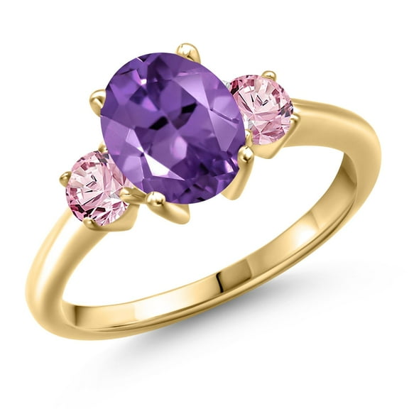 Gem Stone King 18K Yellow Gold Plated Silver Purple Amethyst and Pink Lab Grown Diamond Engagement Ring for Women | 2.10 Cttw | Oval 9X7MM | Gemstone February Birthstone | Size 8