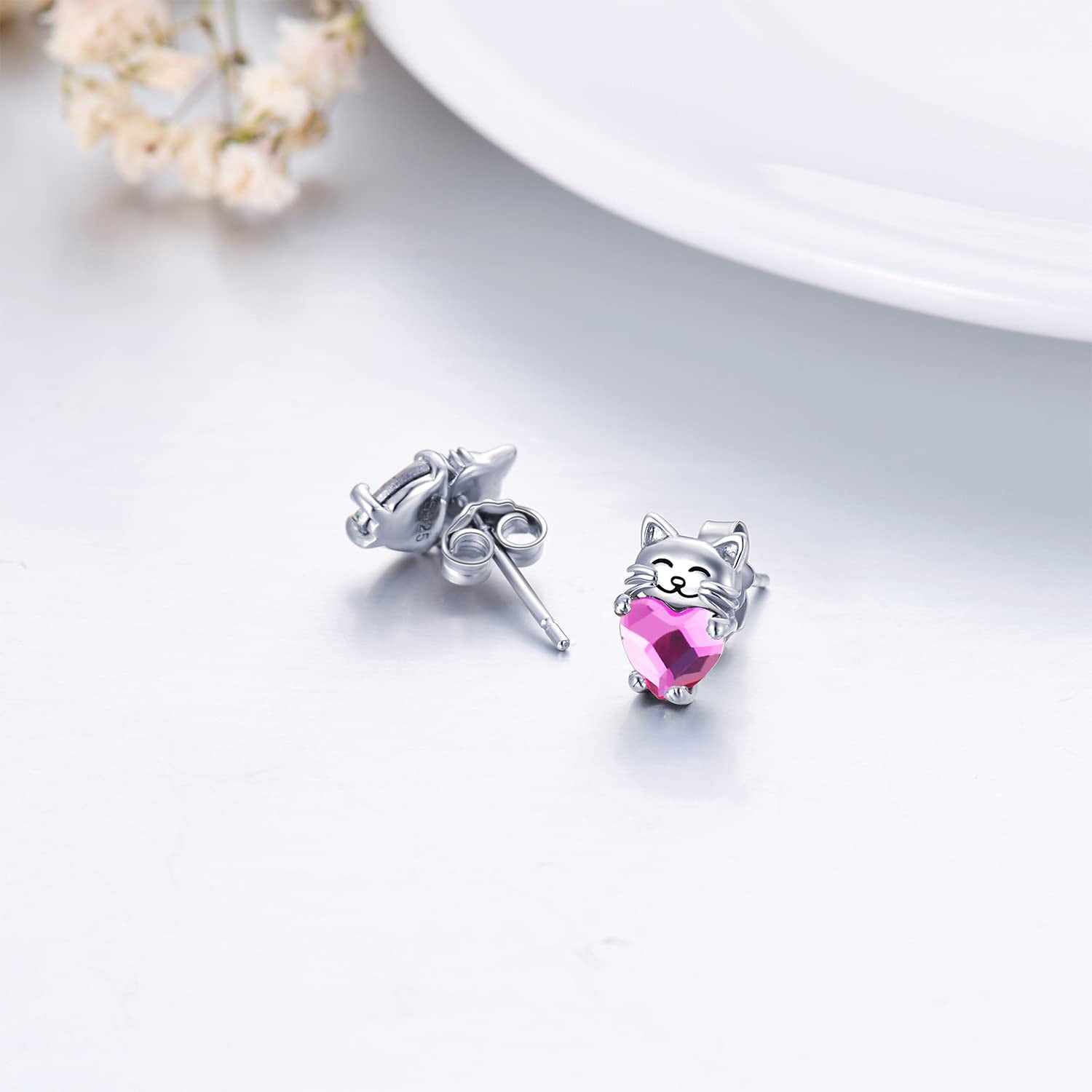 Midir&Etain Cat Love Earrings 925 Sterling Silver Cat Earrings Cute Animal Little Cat Earrings Cat Jewelry Gifts Women's Allergic Earrings Suitable for Sensitive Ears（Pink）