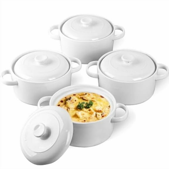 Delling Soup Bowls with Handles and Lids Ceramic Set of 4 28 oz, White