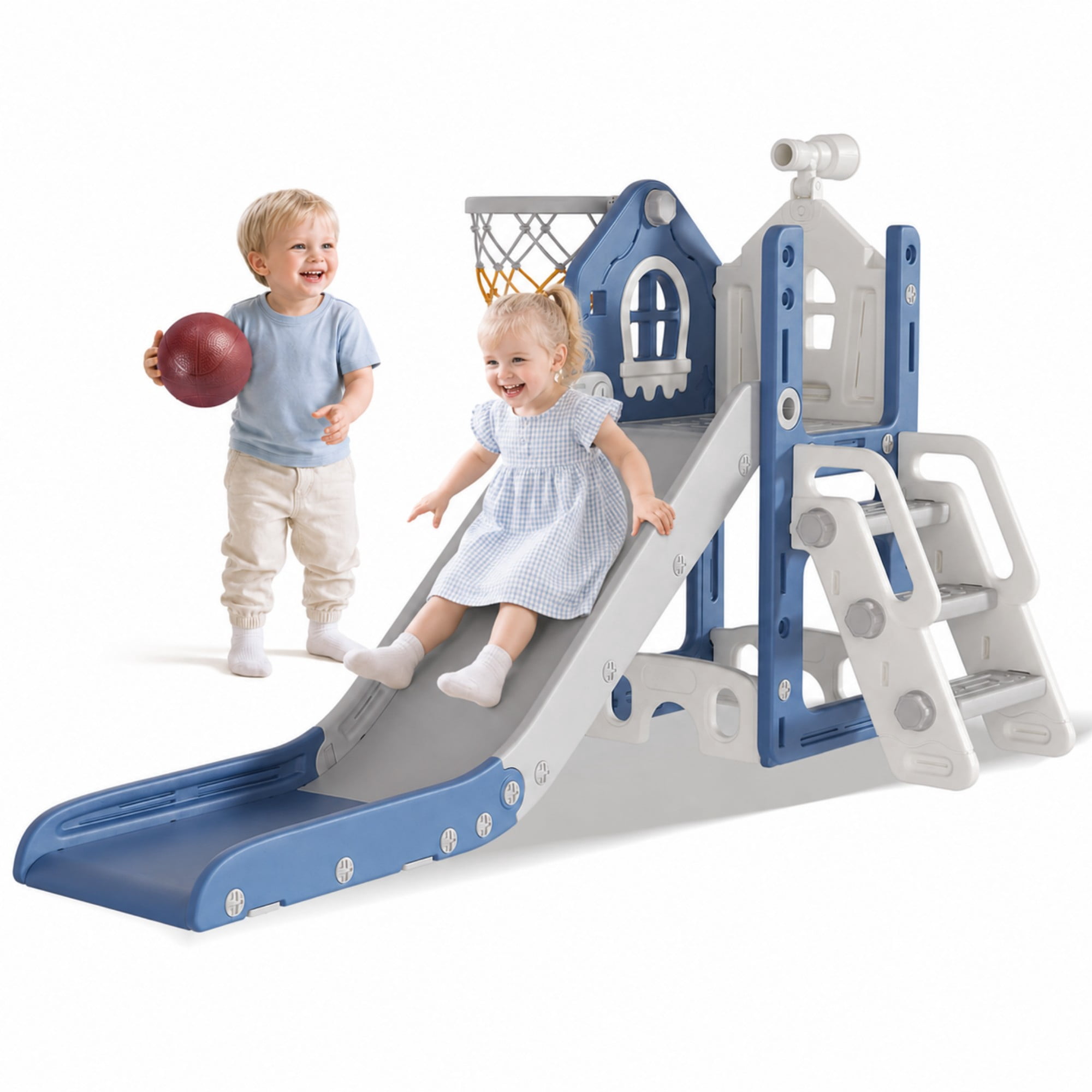DKMOCO 6-in-1 Toddler Slide Climber Slide PlaySet with Basketball Hoop Telescope & Anti-Slip Pads Indoor Outdoor Playground Age 1-3 Blue Gray