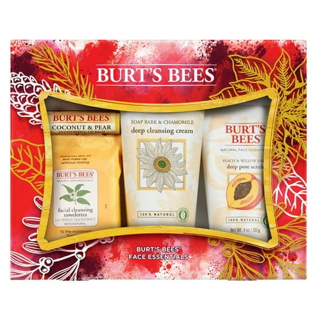 Burts Bees Face Essentials Holiday Gift Set, 4 Skin Care Products - Cleansing Towelettes, Deep Cleansing Cream, Deep Pore Scrub and Lip